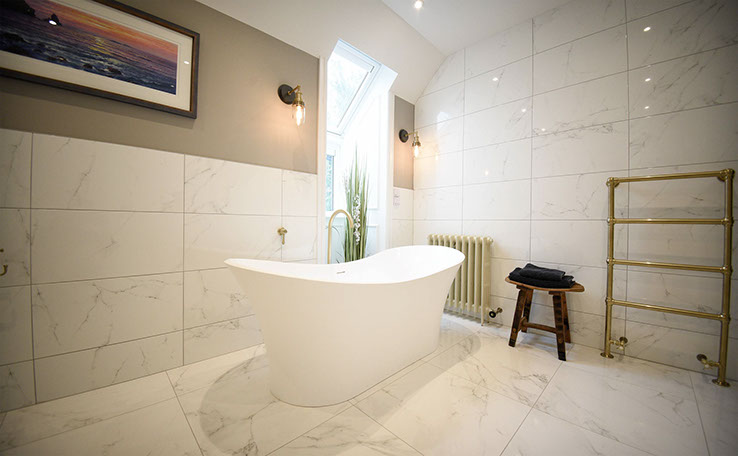 Our self catering accommodation suites contain luxury bathrooms with a bath and shower at our Portree accommodation Somerled House Suites