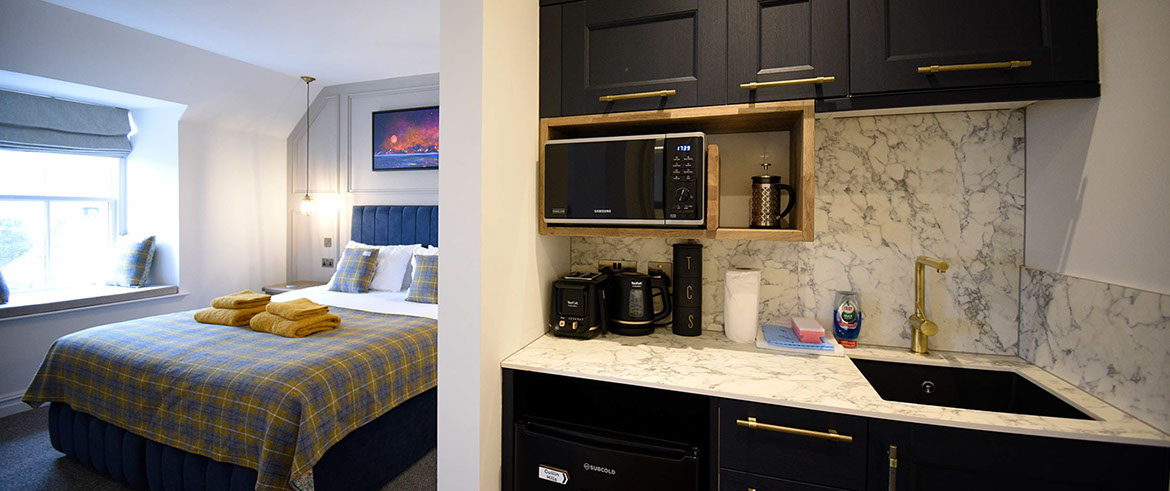 Somerled House Suites are modern self catering apartments with kitchenette contaning microwave kettle fridge and toaster